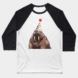 Moody Walrus with Party Hat Baseball T-Shirt
